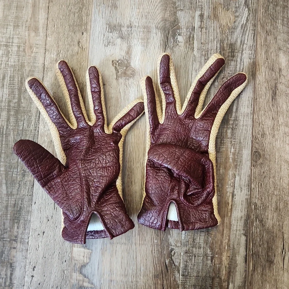 Aris Novakid Womens Burgandy & Tan Leather Driving Gloves‎ Size Med Lux  Chic